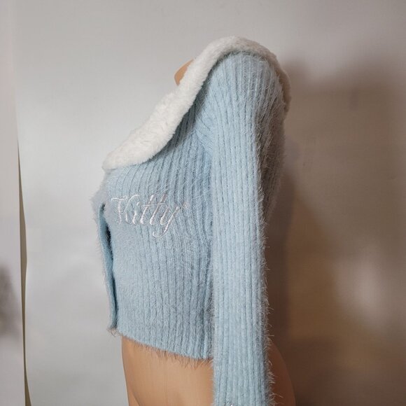 Hello Kitty & Friends X Forever 21 Blue Knit Cardigan W/Faux Fur Collar & Cuff - Picture 13 of 16